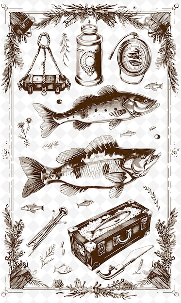 PSD diseño de tarjetas postales de pesca png con marco rústico estilo de diseño decoración artes de contorno garabateo decorativo