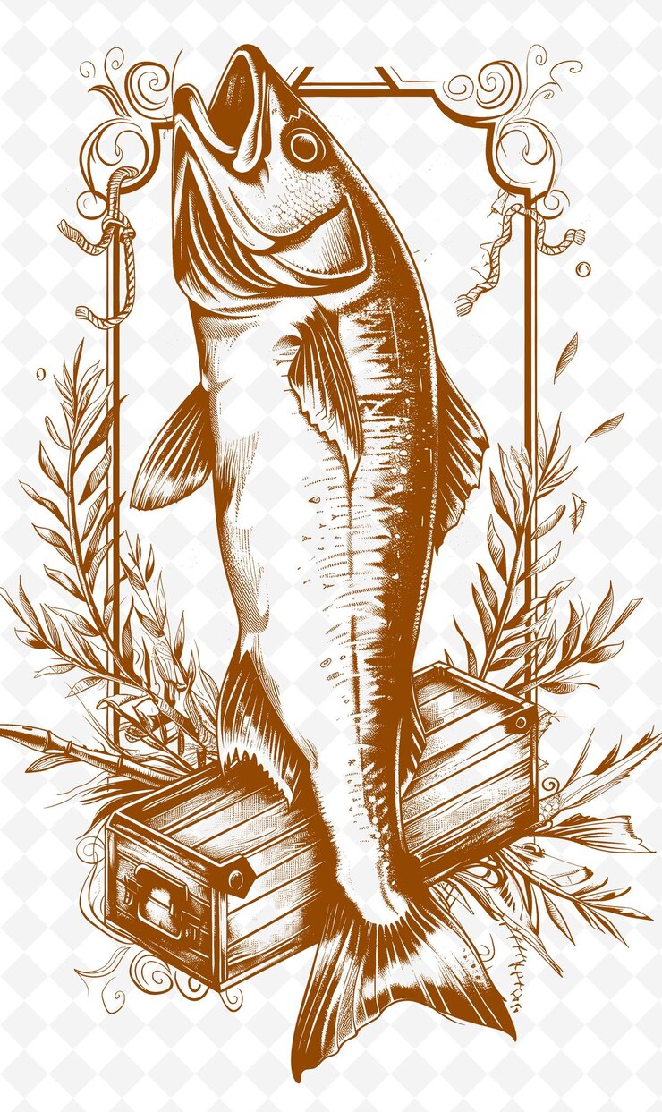 PSD diseño de tarjetas postales de pesca png con marco rústico estilo de diseño decoración artes de contorno garabateo decorativo