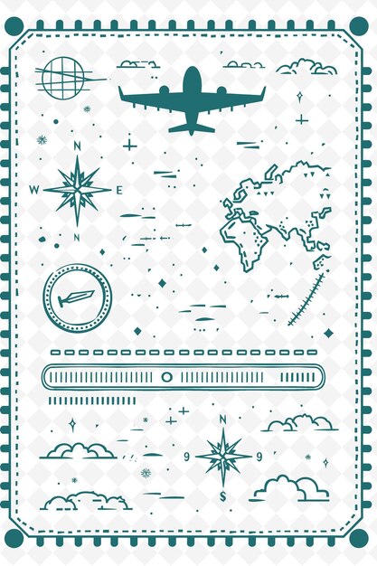 Diseño de tarjetas postales temáticas de viajes con un marco de pasaporte estilo ac outline arts scribble decorative