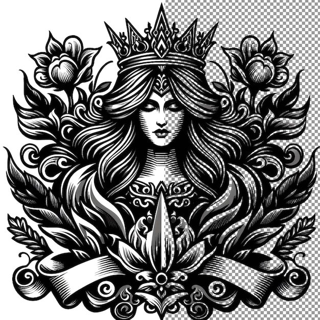 PSD diseño de tatuaje de la reina del vector de la elegancia de la tinta real en un fondo transparente