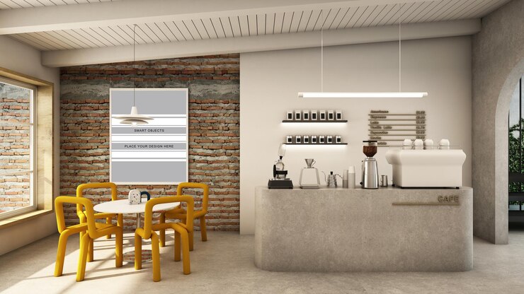 PSD diseño de tienda de café minimalista y loft 3d render