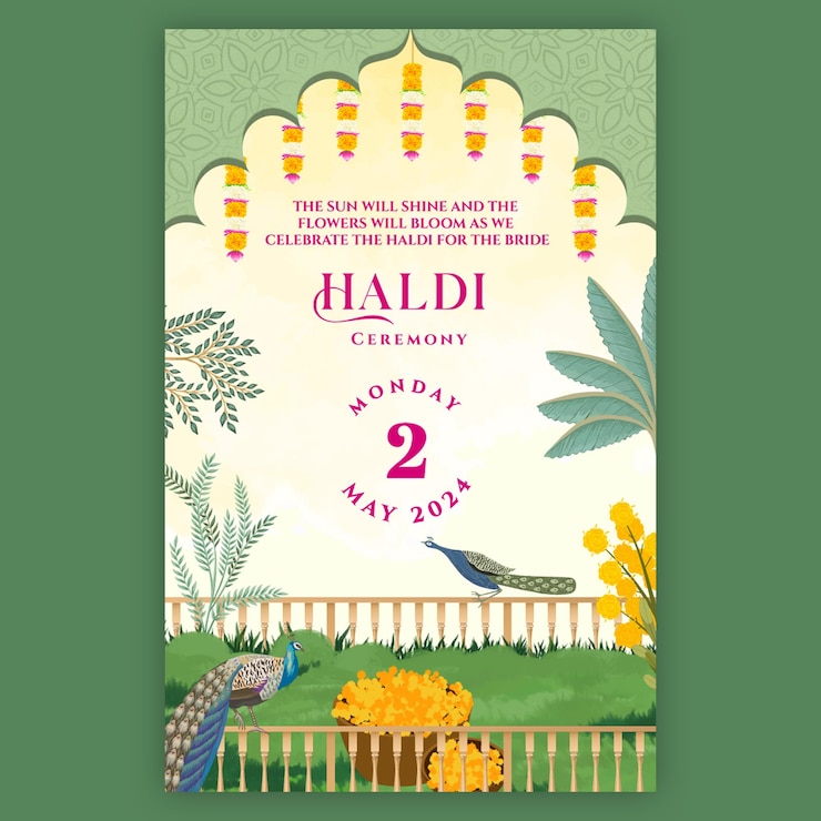 PSD diseño tradicional indio de tarjetas de invitación de bodas haldi mehendi con árbol de arquitectura mogol