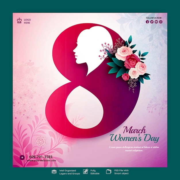 Diseño vectorial del Día Internacional de la Mujer del 8 de marzo con silueta de la cara de la mujer