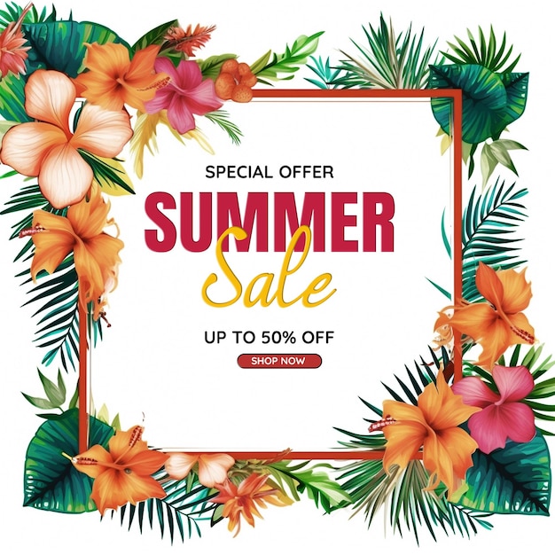 PSD diseño de venta de verano con flores y hojas de palmeras exóticas sobre fondo azul oferta especial tropical