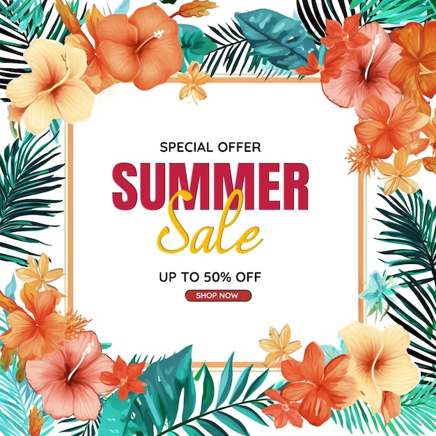 PSD diseño de venta de verano con flores y hojas de palmeras exóticas sobre fondo azul oferta especial tropical
