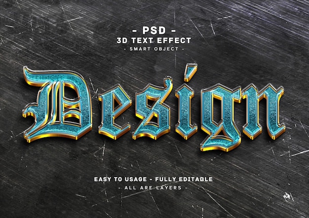 PSD diseño de vidrio efecto de texto dorado estilo brillo azul 3d