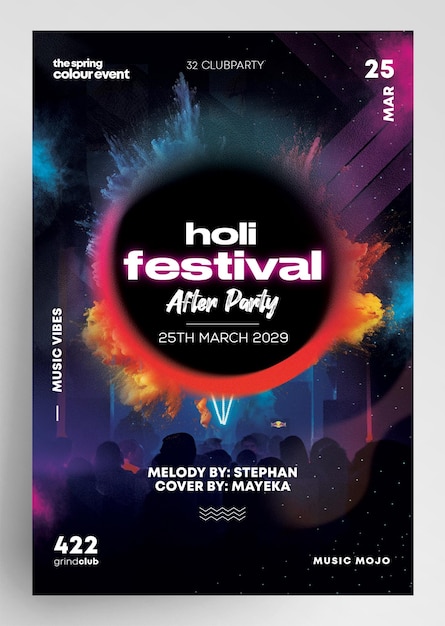 Diseño de volante del Festival de Holi después de la fiesta