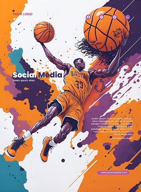 PSD diseño de volante con ilustración abstracta de jugador de baloncesto.