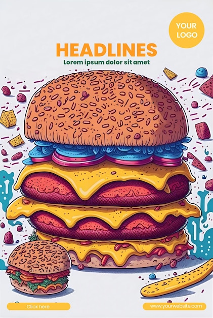 PSD diseño de volante con ilustración de hamburguesa.