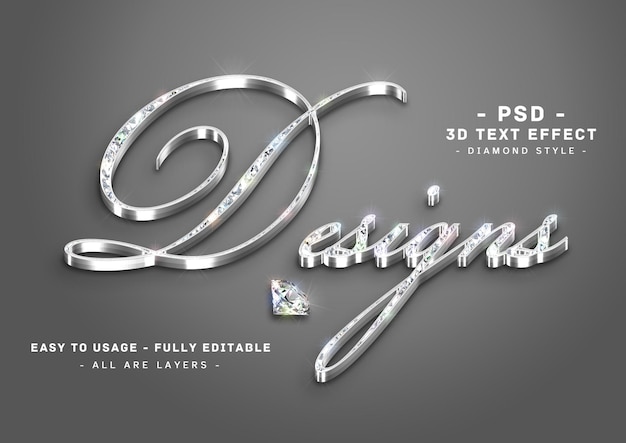 Diseños 3d efecto de texto de diamante estilo de capas plateadas