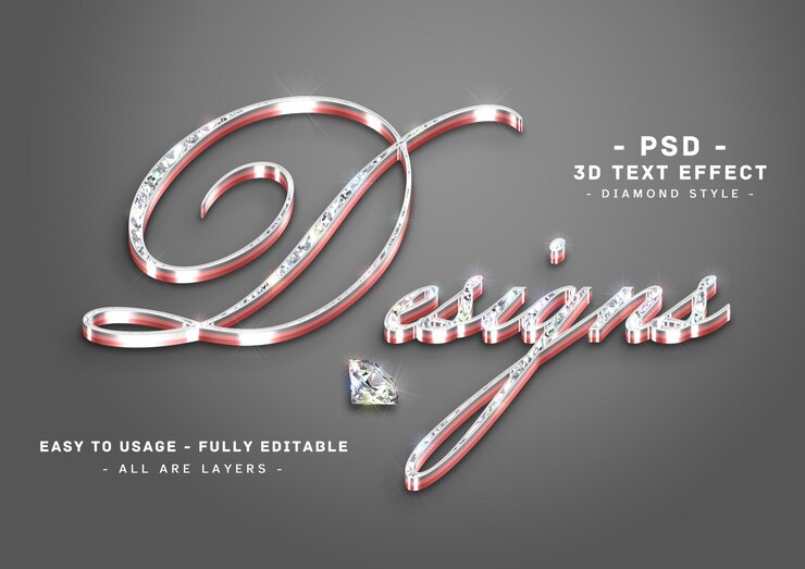 PSD diseños 3d efecto de texto de diamante estilo de capas de rosas