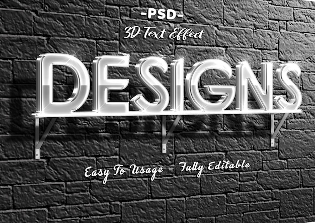 PSD diseños efecto de texto plateado 3d en la pared.