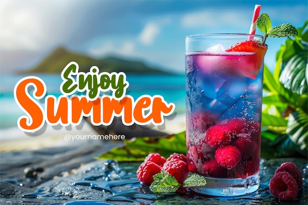 PSD disfruta de la plantilla de estandarte de verano con un cóctel y un fondo de bebida fresca en un fondo de playa