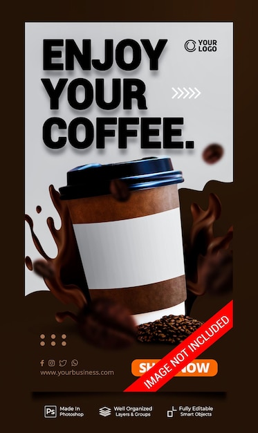 Disfrute de su nuevo menú de café bebida de café especial para promoción plantilla de banner de historias de publicación de instagram en redes sociales