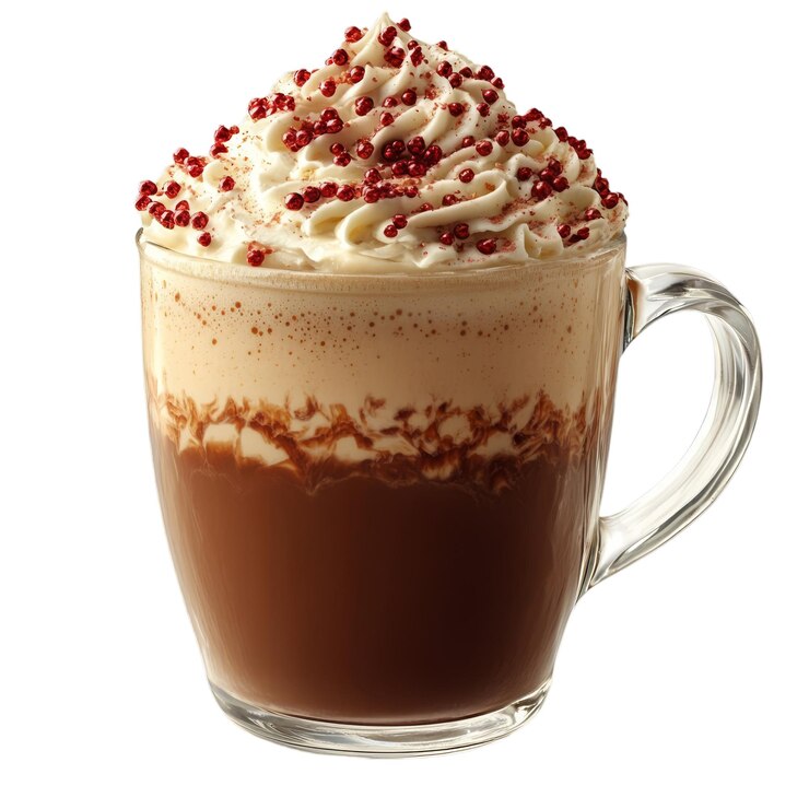 PSD disfrute de una taza caliente de chocolate caliente con crema batida y salpicaduras rojas