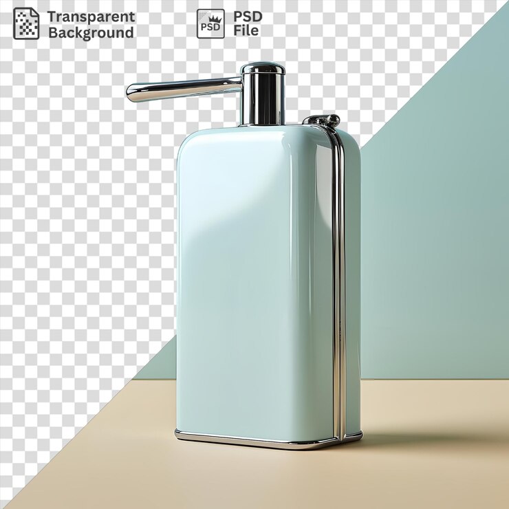 PSD dispensador de aceite de fondo transparente con mango plateado y fondo transparente contra la pared azul claro y azul que proyecta una sombra oscura