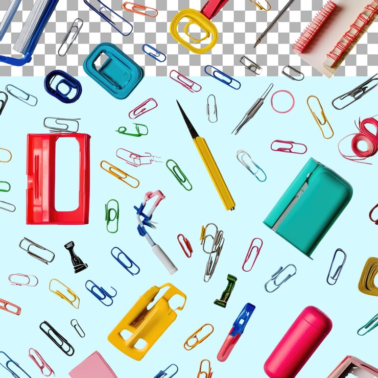PSD dispersão de materiais de escritório escolar passo em isolado transparente png fundo