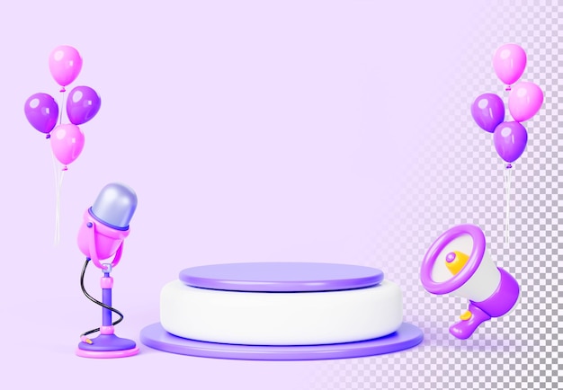 Display podium 3d palco vuoto con microfono megafono o altoparlante palloncini su sfondo rosa banner di vacanza per la promozione di marketing annuncio di vendita icone di rendering di cartoni animati