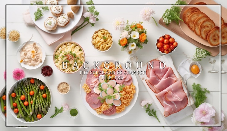PSD disposição da mesa do brunch de páscoa pratos deliciosos com flores de primavera