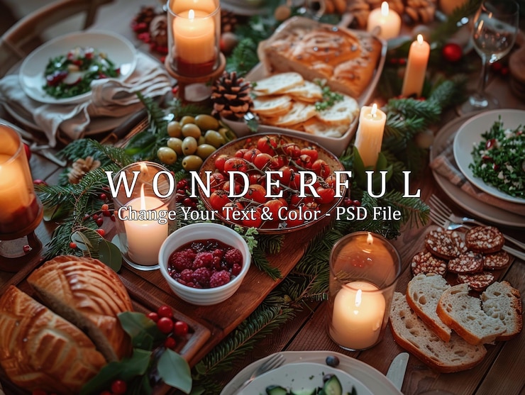 PSD disposición acogedora y festiva de la mesa para un banquete navideño