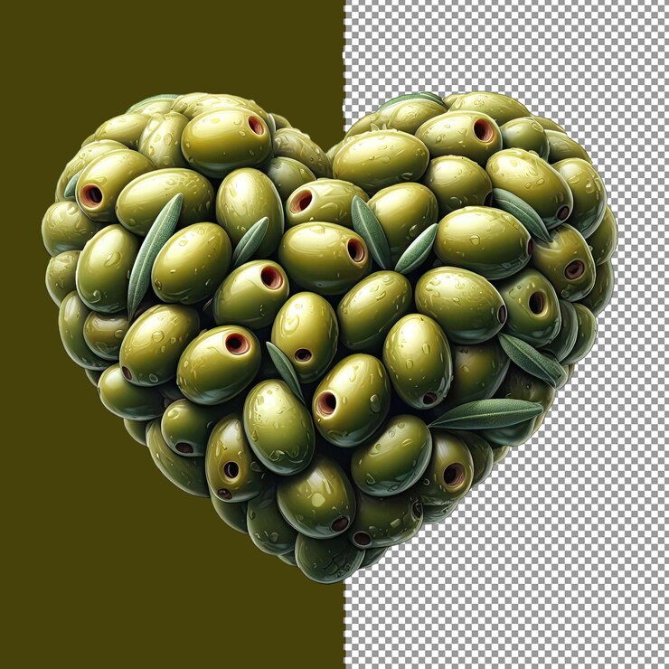 PSD disposición en forma de corazón de aceitunas verdes frescas png