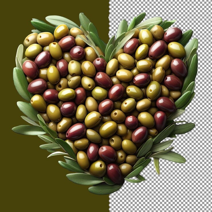 PSD disposición en forma de corazón de aceitunas verdes frescas png