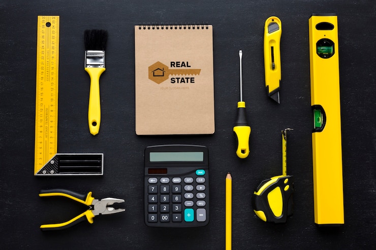 PSD disposition des différents outils de réparation avec maquette de bloc-notes sur fond noir