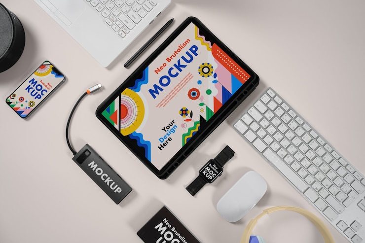 PSD dispositivi di vista superiore neo brutalismo estetico