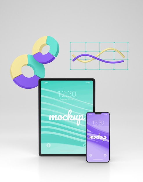 Dispositivi digitali in mockup di rendering geometrico