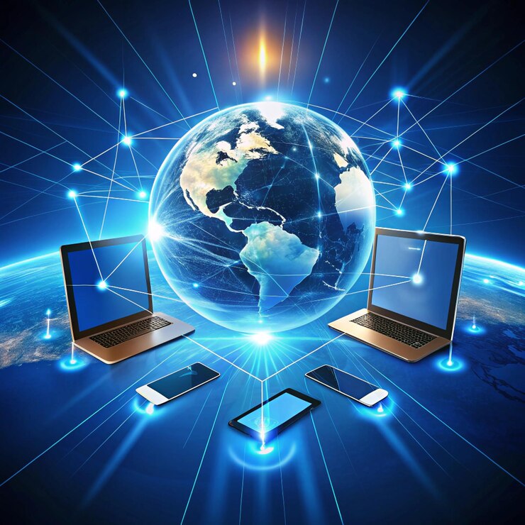PSD dispositivi e icone tech collegati al pianeta terra digitale