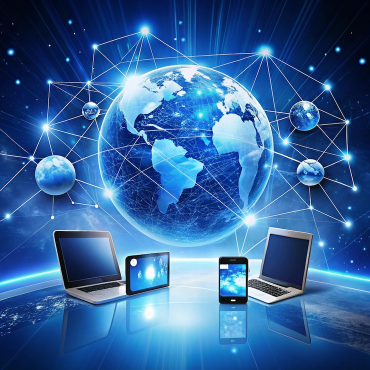 PSD dispositivi e icone tech collegati al pianeta terra digitale