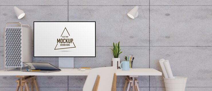 PSD dispositivo de computadora con pantalla de maqueta en el escritorio con computadora portátil y decoraciones