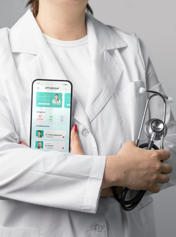 PSD dispositivo de retenção de médico de vista frontal e estetoscópio