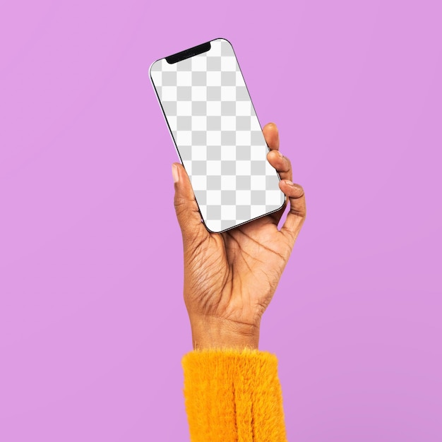 Dispositivo digital de maqueta de mano de la pantalla del teléfono inteligente Png
