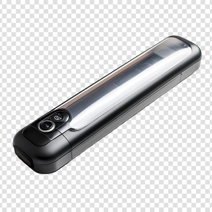 PSD dispositivo de escáner portátil negro aislado en fondo blanco escaneo de tecnología de gadgets