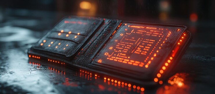 PSD dispositivo futurista con una pantalla roja brillante y pantalla digital