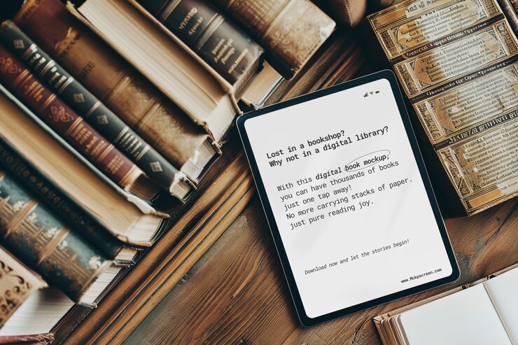 PSD dispositivo y libros en maquetas de biblioteca