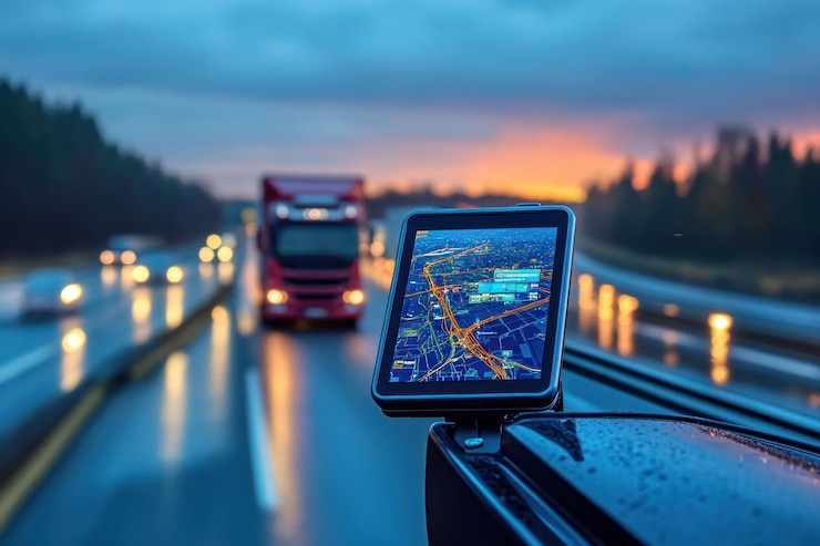 PSD dispositivo de navegación gps en el coche que muestra la ruta de la autopista al atardecer con el camión en el fondo