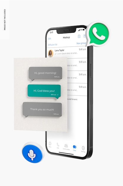 PSD dispositivo whatsapp com maquete de ícones, flutuante