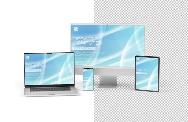 PSD dispositivos aislados en blanco con computadora de escritorio, computadora portátil, teléfono inteligente y tableta