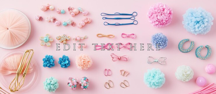 PSD dispositivos artesanales de colores pastel, incluidos los pom-poms, las cuentas, los clips para el cabello y los hilos