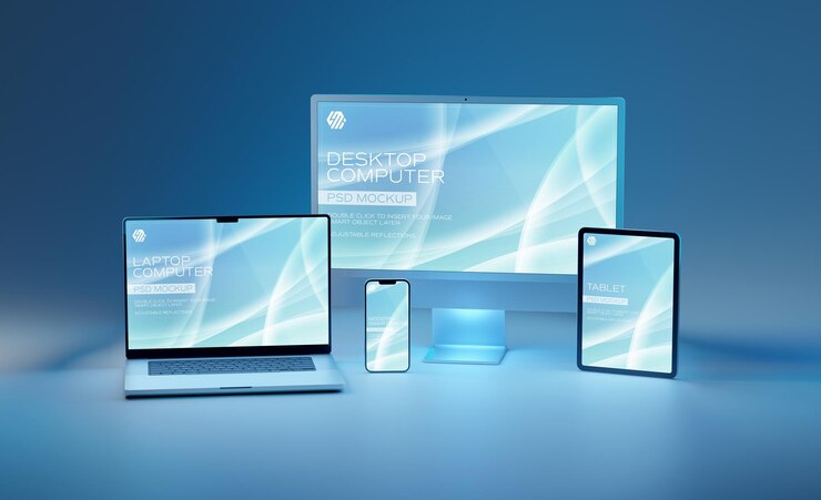 Dispositivos con computadora de escritorio, computadora portátil, teléfono inteligente y tableta Mockup