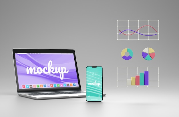 Dispositivos digitales en maqueta de render geométrico.