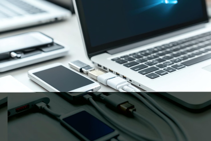 PSD dispositivos e acessórios de tecnologia moderna ligados ao portátil em mesa branca