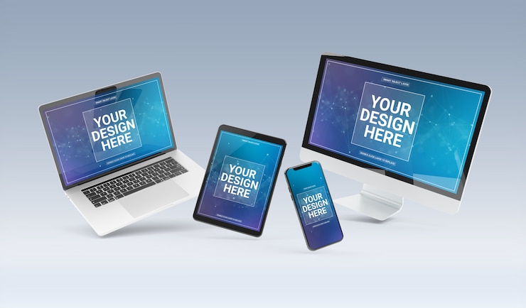 PSD dispositivos flutuando no fundo cinza mockup