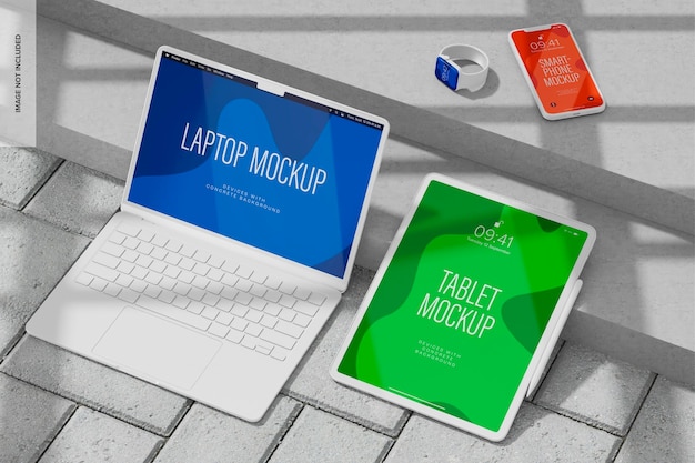 Dispositivos con Mockup de Fondo de Concreto, Perspectiva