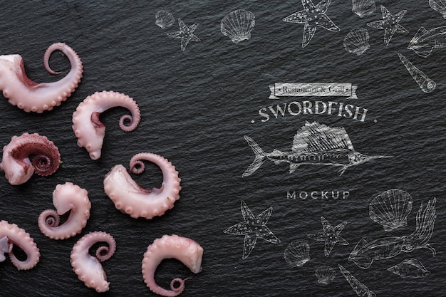Disposizione dei frutti di mare piatta con mock-up