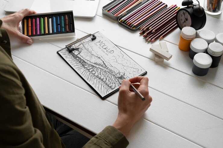 PSD disposizione del laboratorio dell'artista con appunti mock-up