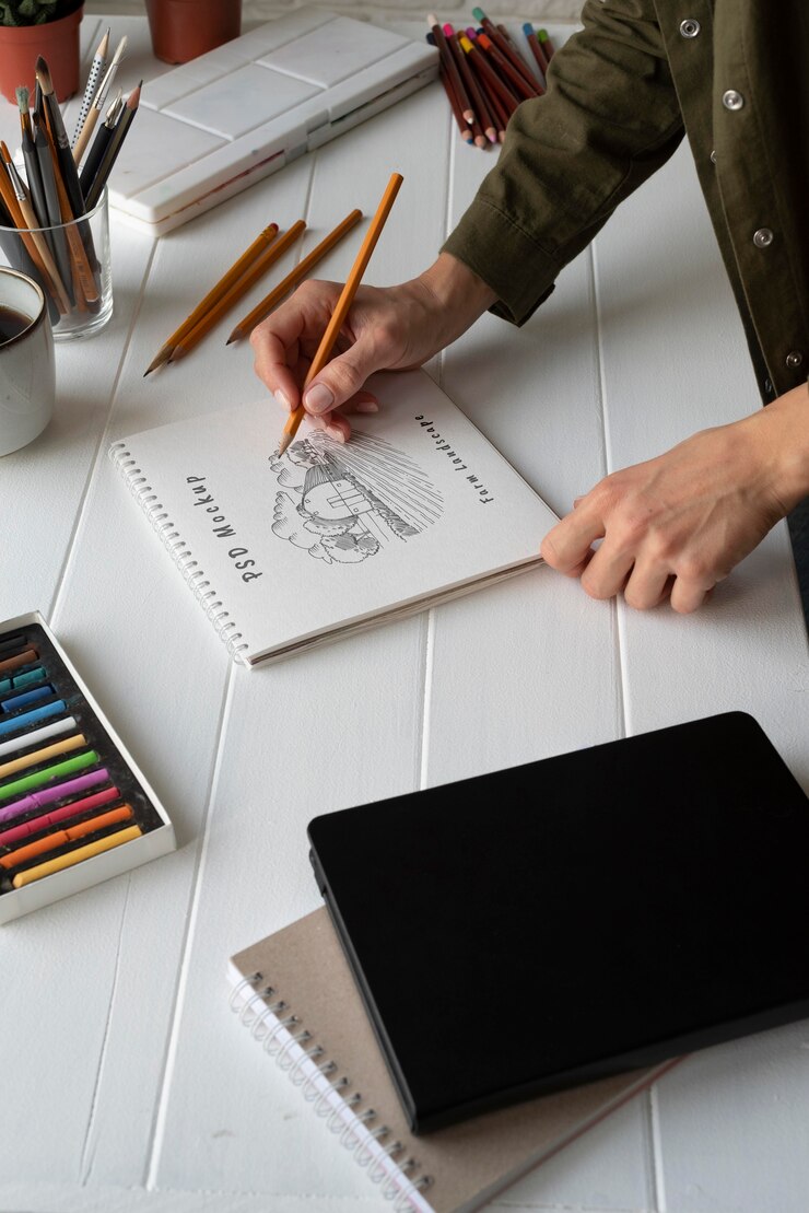 PSD disposizione del laboratorio dell'artista con mock-up di blocco note