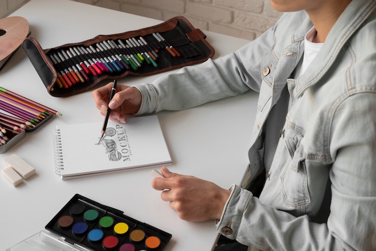 PSD disposizione del laboratorio dell'artista con mock-up di blocco note